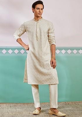 Off White Ethnic Motifs Poly Blend Kurta Set For Men