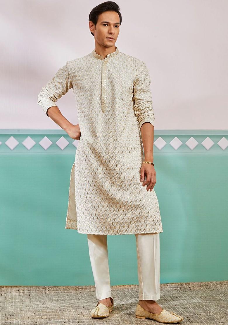 Off White Ethnic Motifs Poly Blend Kurta Set For Men