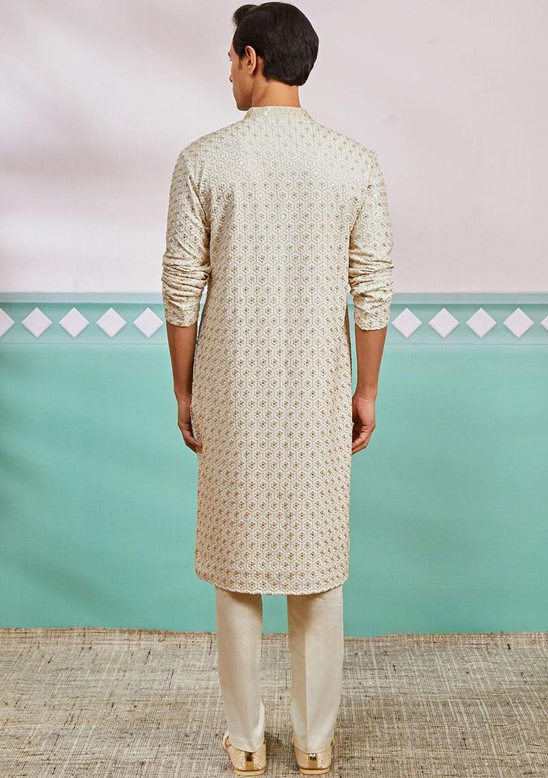 Off White Ethnic Motifs Poly Blend Kurta Set For Men