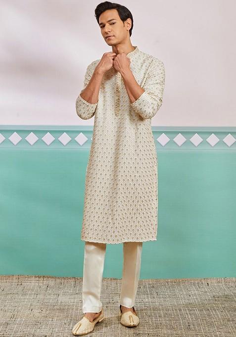 Off White Ethnic Motifs Poly Blend Kurta Set For Men