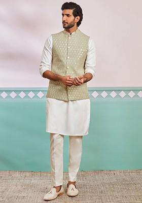 Cream Solid Poly Blend Kurta Set For Men