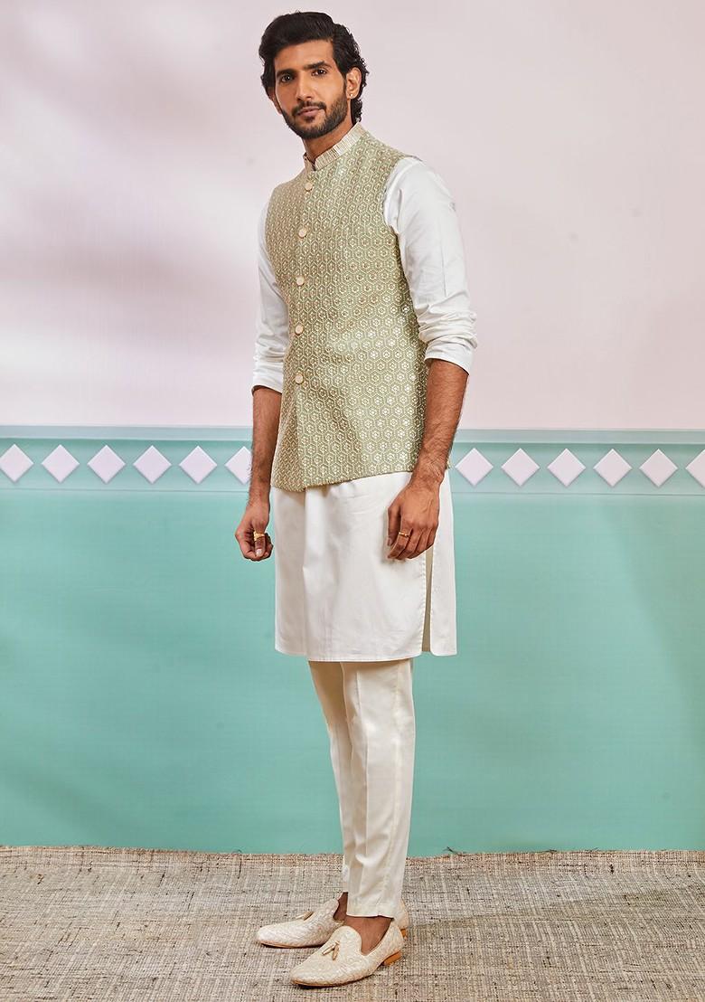 Cream Solid Poly Blend Kurta Set For Men