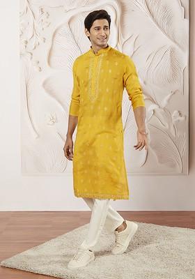 Yellow Embroidered Silk Kurta Set For Men