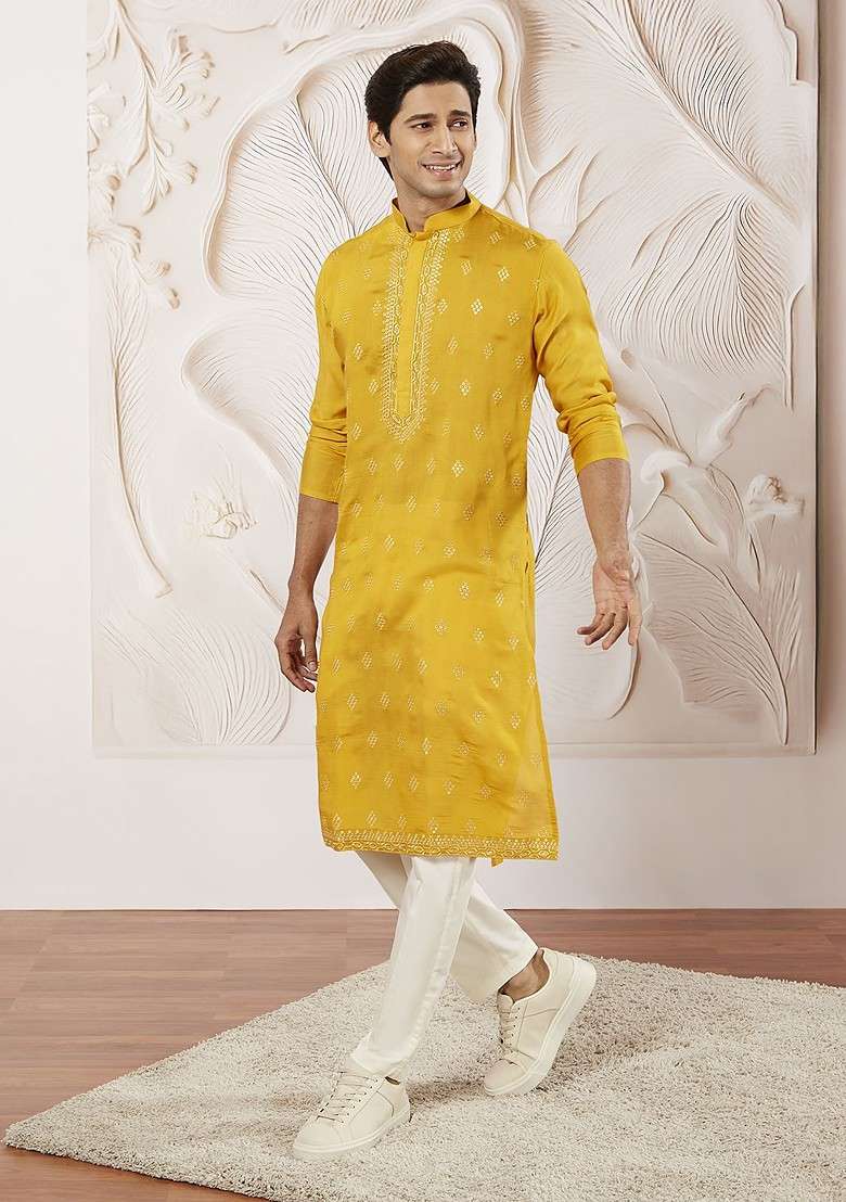 Yellow Embroidered Silk Kurta Set For Men - Indya
