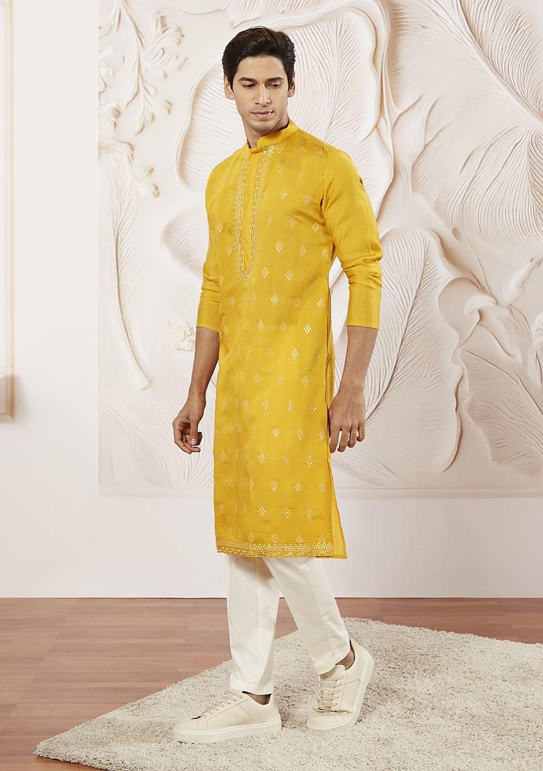 Yellow Embroidered Silk Kurta Set For Men