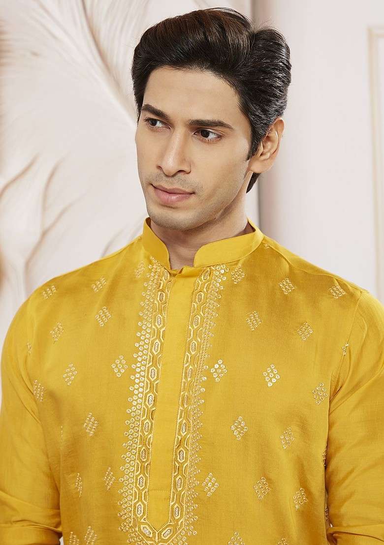 Yellow Embroidered Silk Kurta Set For Men - Indya