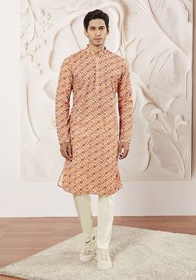 Orange Bandhani Print Poly Blend Kurta Set For Men