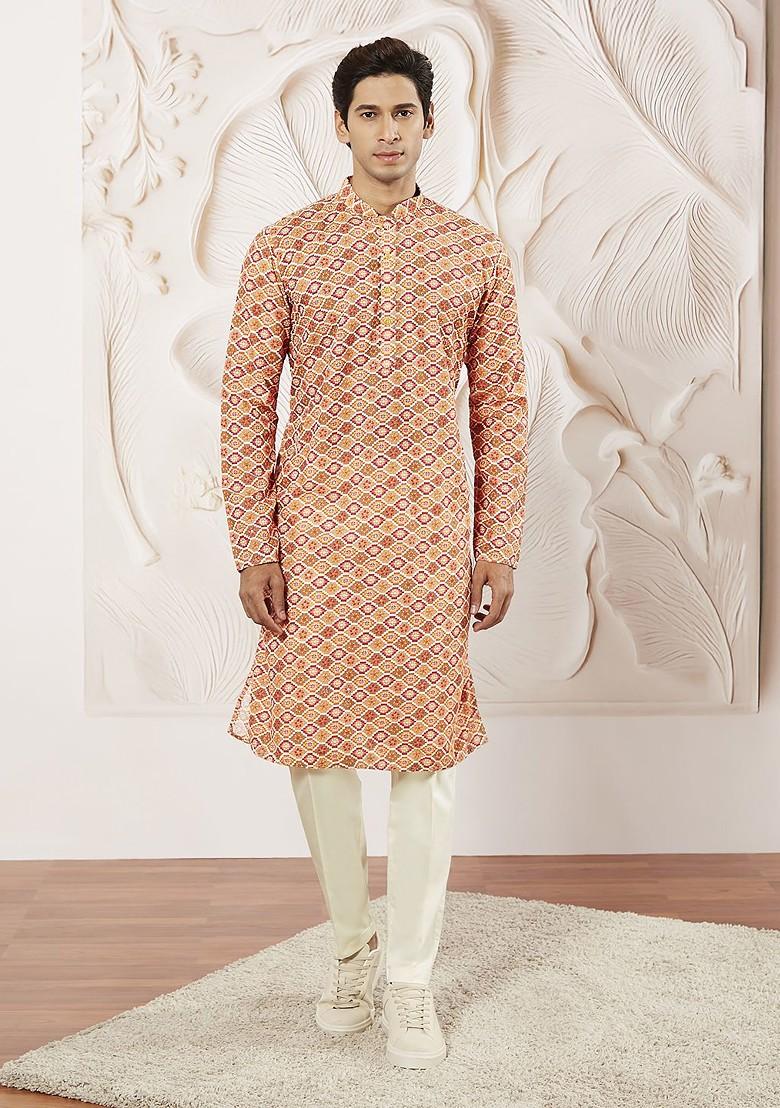 Orange Bandhani Print Poly Blend Kurta Set For Men