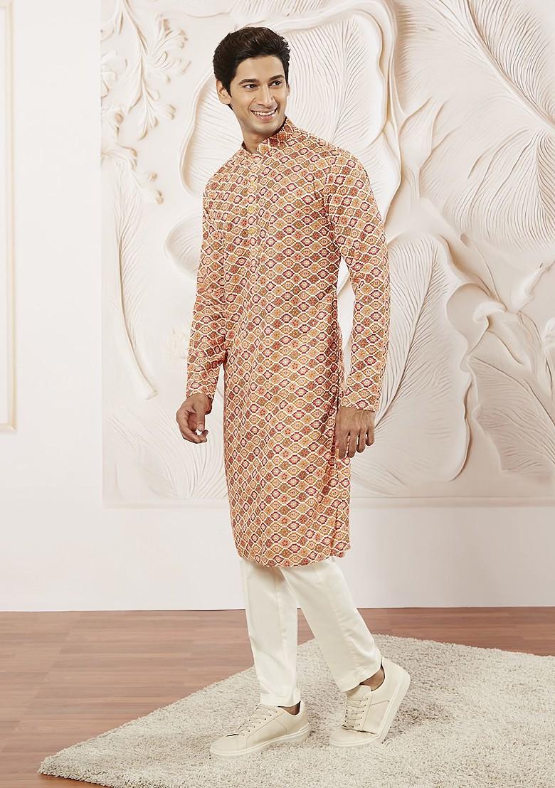 Orange Bandhani Print Poly Blend Kurta Set For Men