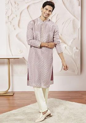 Lavender Floral Print Poly Blend Kurta Set For Men