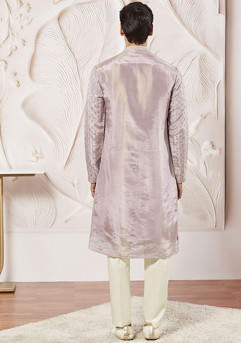 Lavender Floral Print Poly Blend Kurta Set For Men