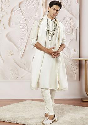 White Solid Poly Blend Kurta Set For Men