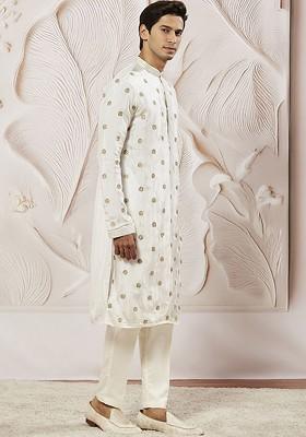 White Floral Print Poly Blend Kurta Set For Men