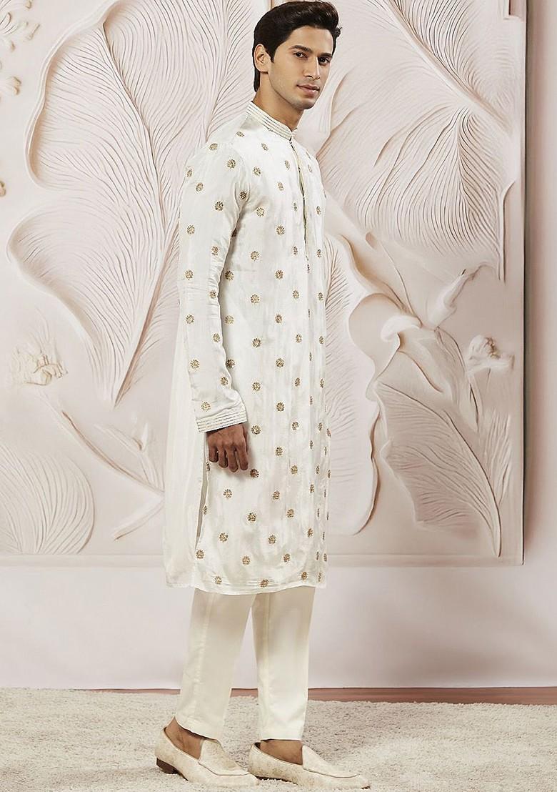 White Floral Print Poly Blend Kurta Set For Men