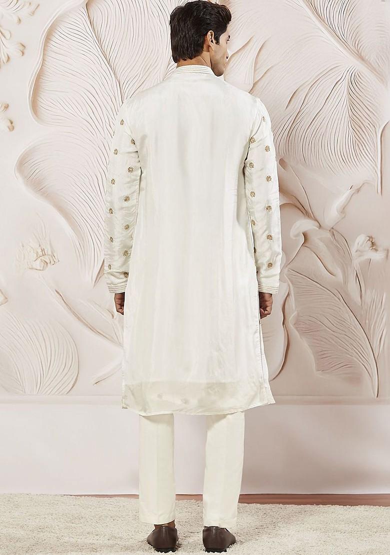 White Floral Print Poly Blend Kurta Set For Men