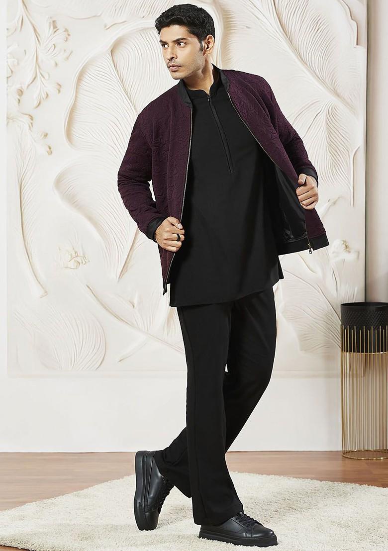 Burgundy Solid Poly Blend Kurta Set For Men