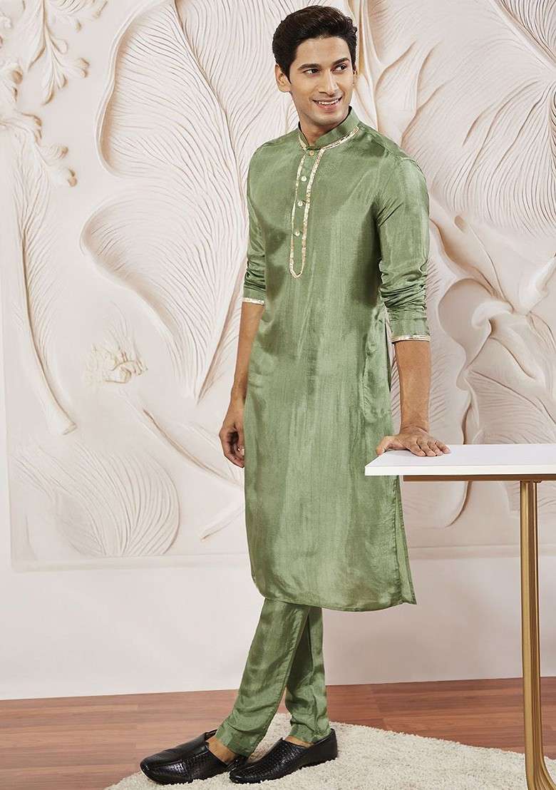 Green Solid Poly Blend Kurta Set For Men - Indya