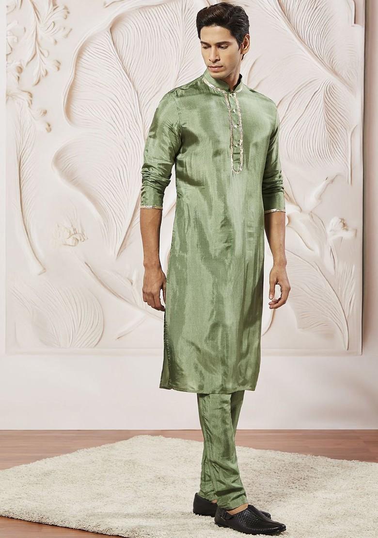 Green Solid Poly Blend Kurta Set For Men