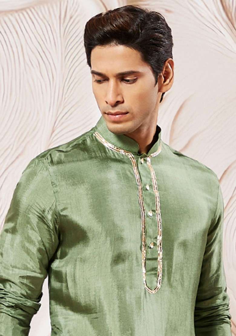 Green Solid Poly Blend Kurta Set For Men - Indya