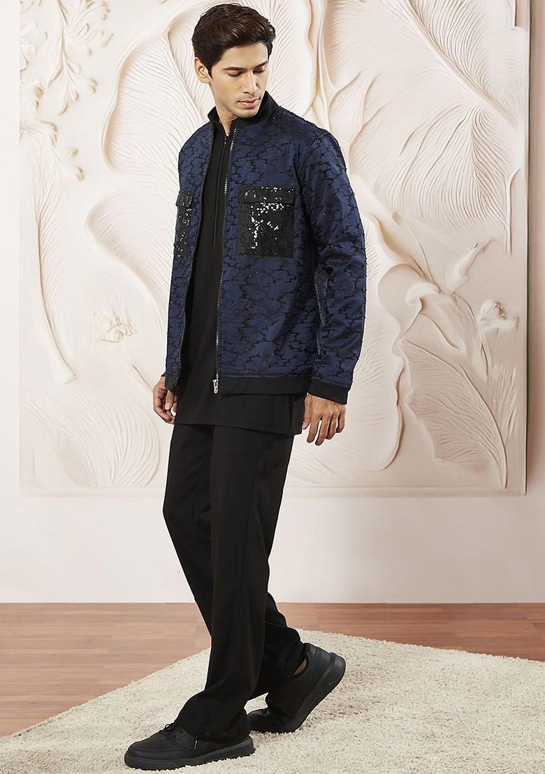 Navy Blue Solid Poly Blend Kurta Set For Men