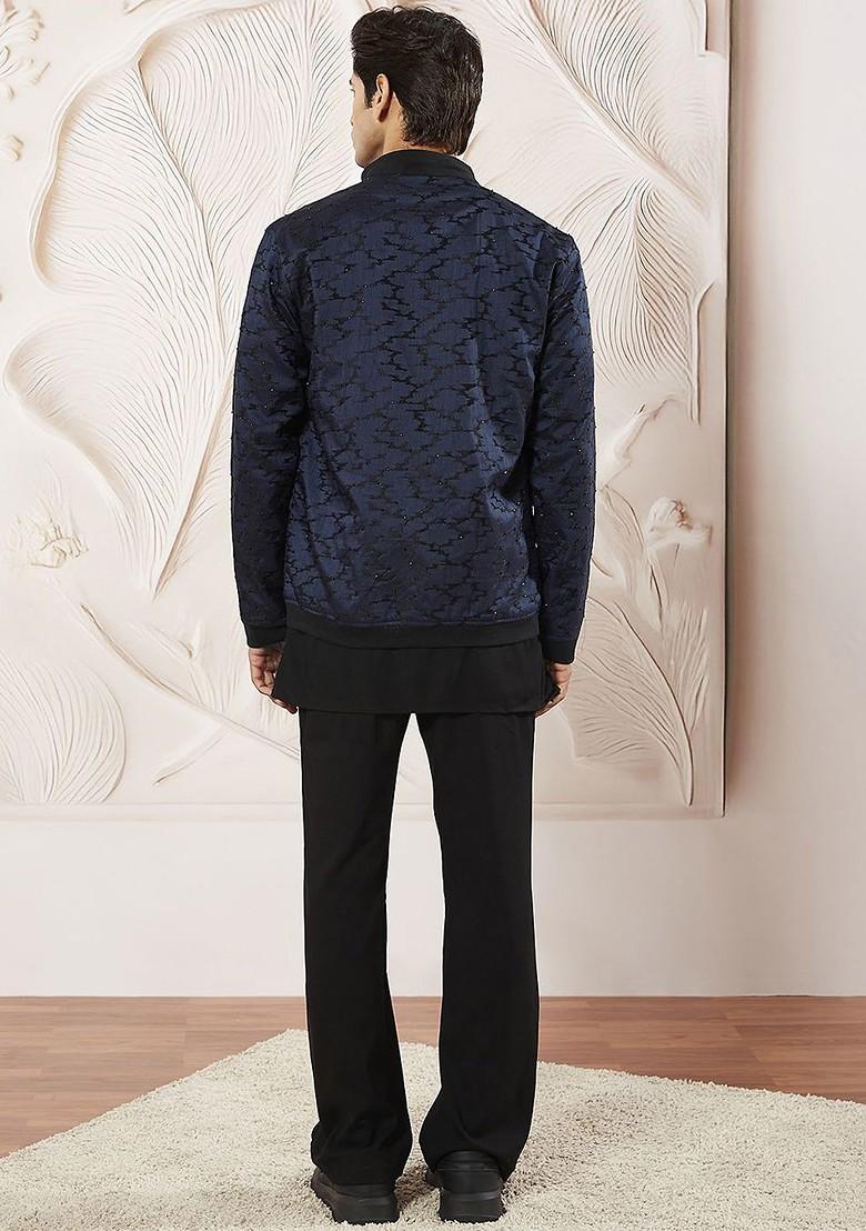 Navy Blue Solid Poly Blend Kurta Set For Men