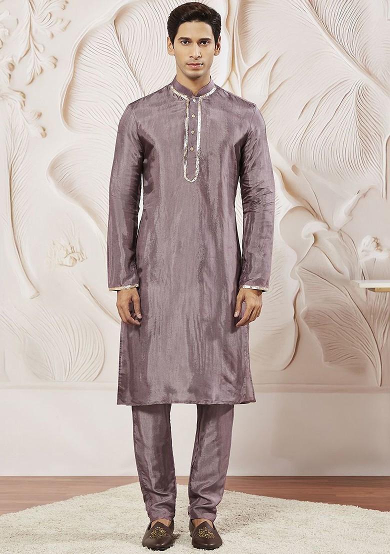 Lavender Solid Poly Blend Kurta Set For Men