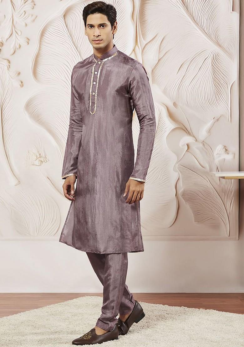 Lavender Solid Poly Blend Kurta Set For Men