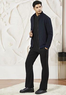 Navy Blue Solid Poly Blend Kurta Set For Men