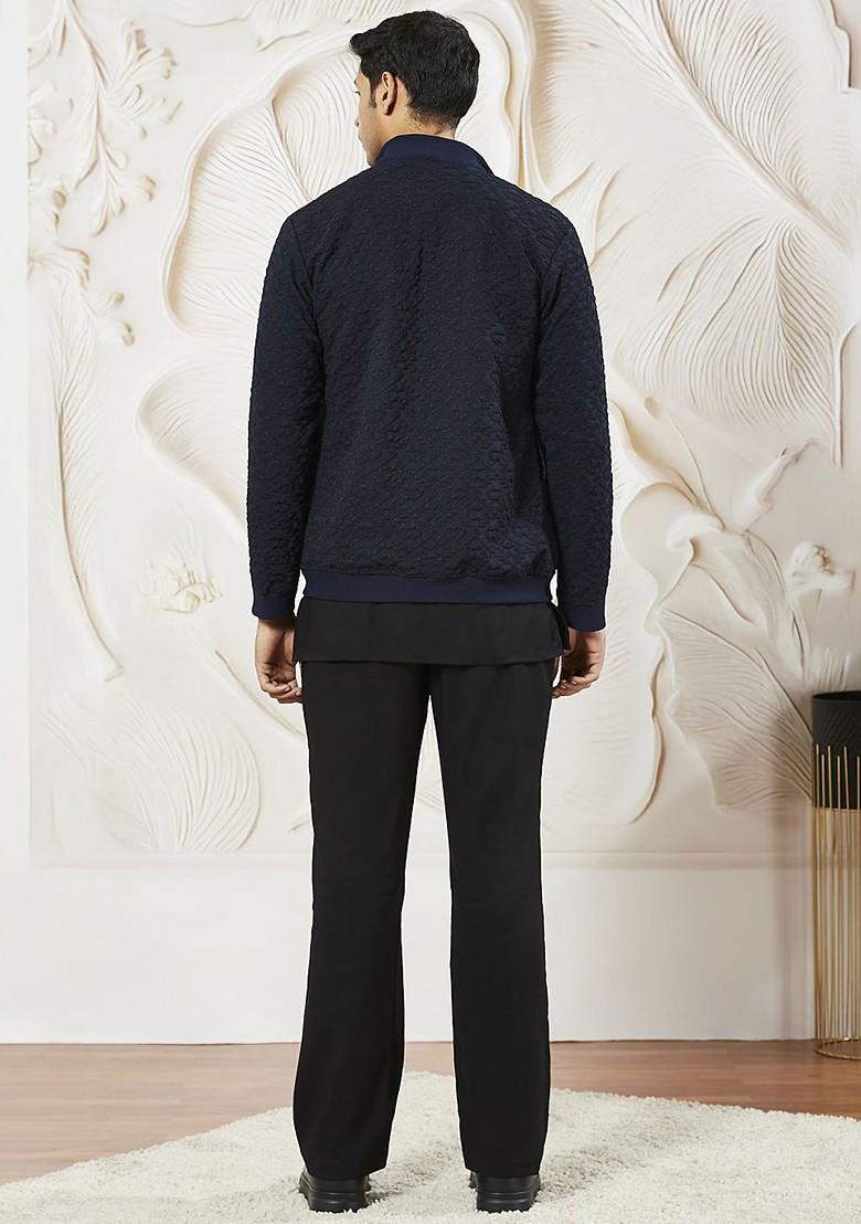 Navy Blue Solid Poly Blend Kurta Set For Men