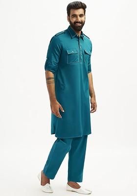 Turquoise Blue Solid Pathani Kurta Set For Men