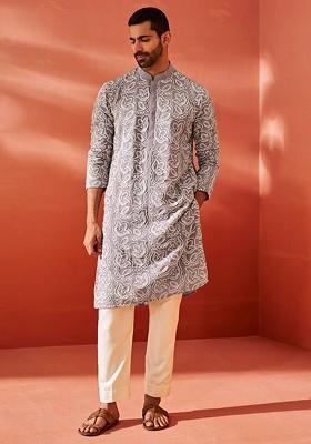 Lavender Floral Print Georgette Kurta Set For Men