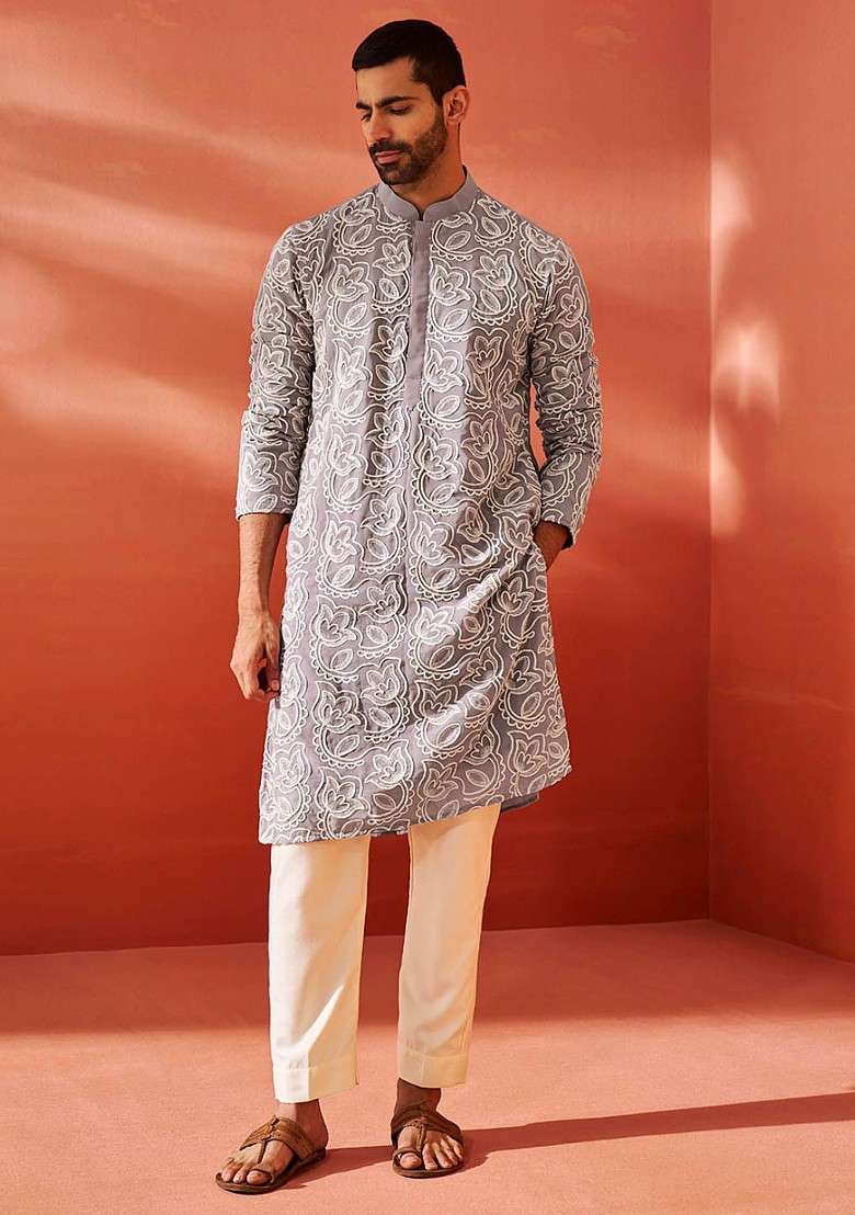 Lavender Floral Print Georgette Kurta Set For Men - Indya