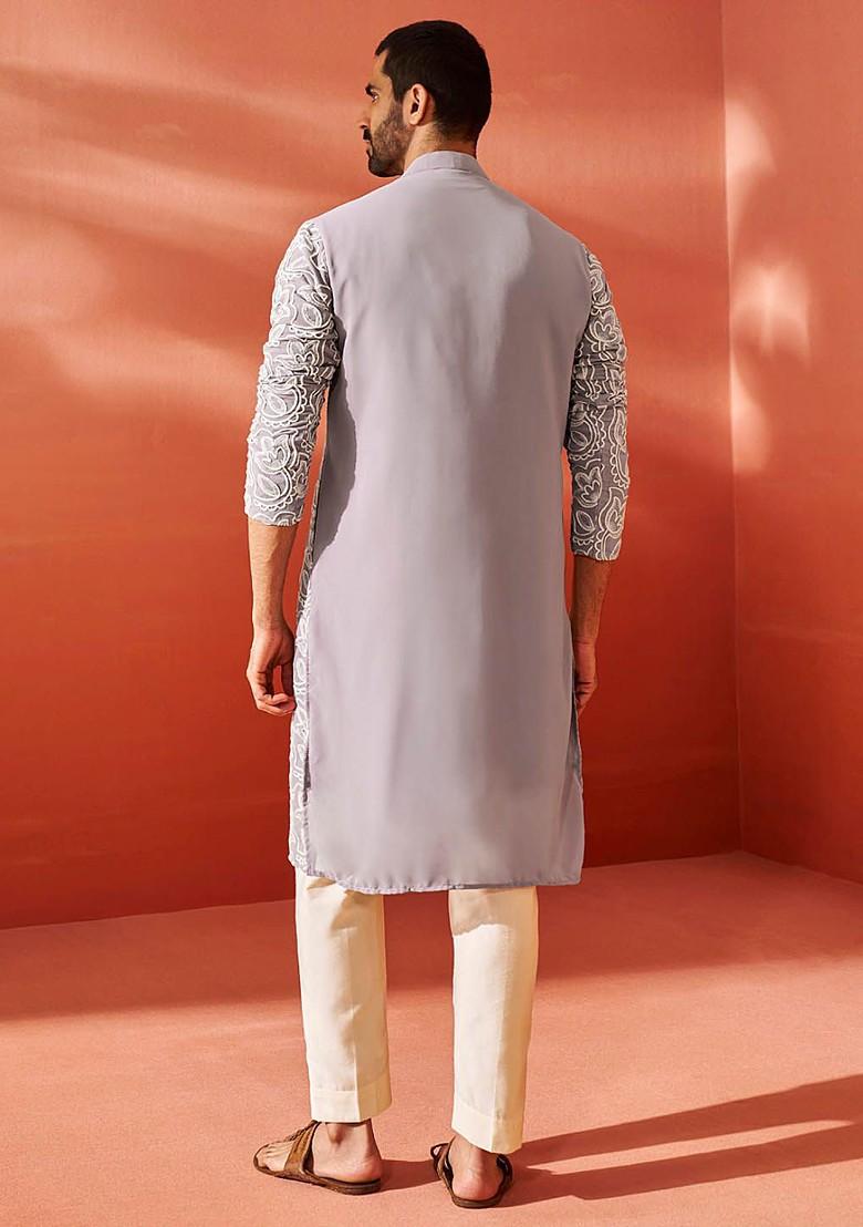Lavender Floral Print Georgette Kurta Set For Men