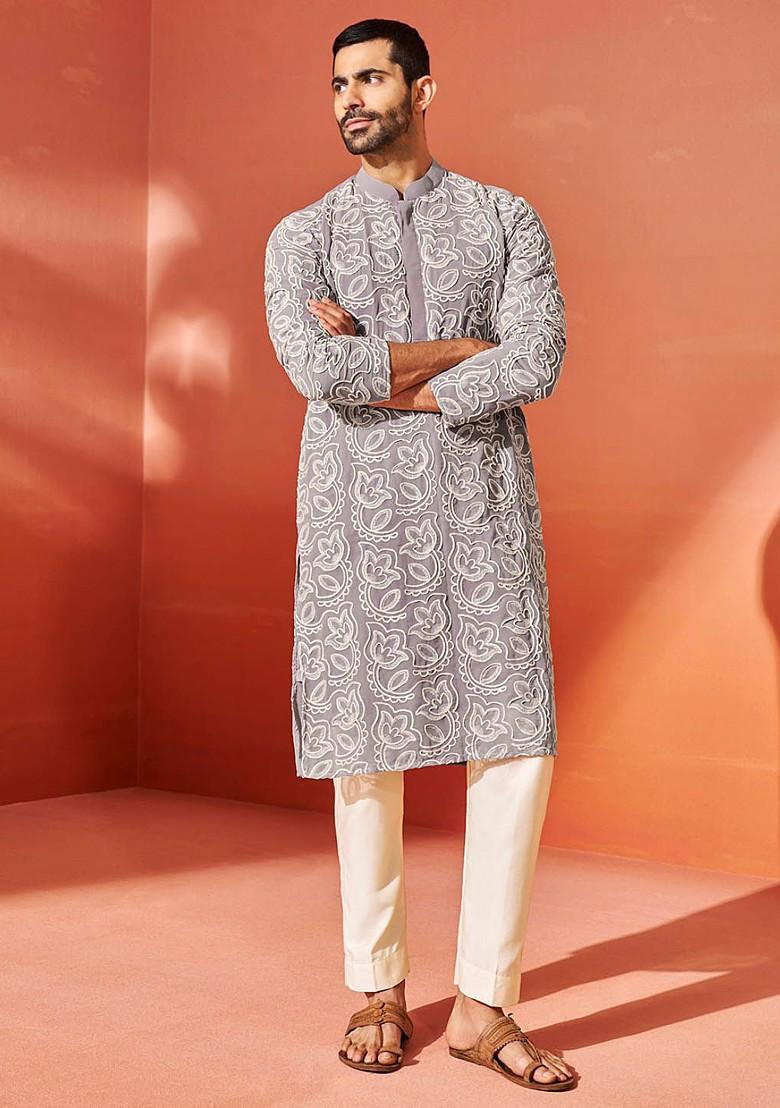 Lavender Floral Print Georgette Kurta Set For Men