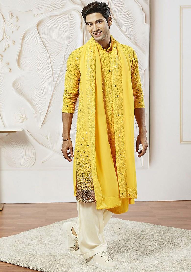 Yellow Embroidered Poly Blend Kurta Set For Men