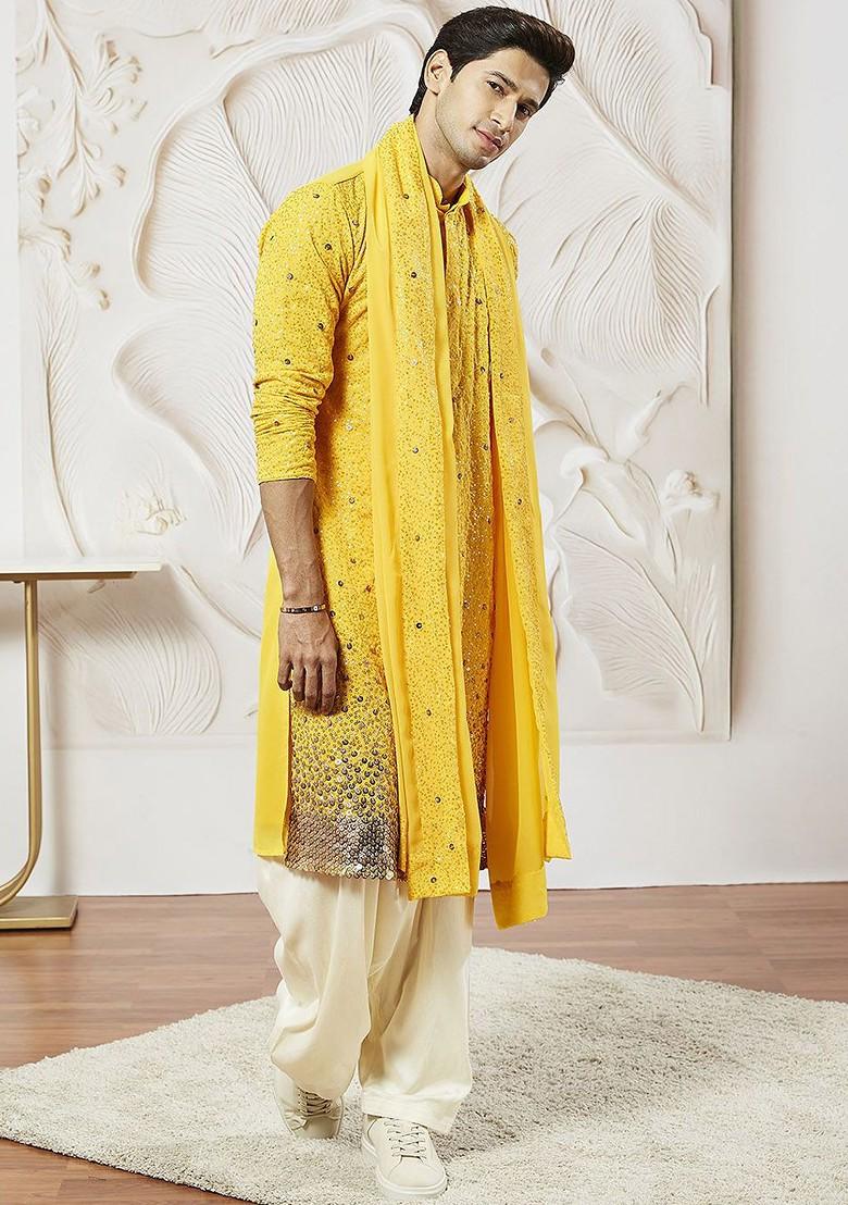 Yellow Embroidered Poly Blend Kurta Set For Men