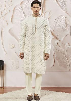 Cream Ethnic Motifs Poly Blend Kurta Set For Men