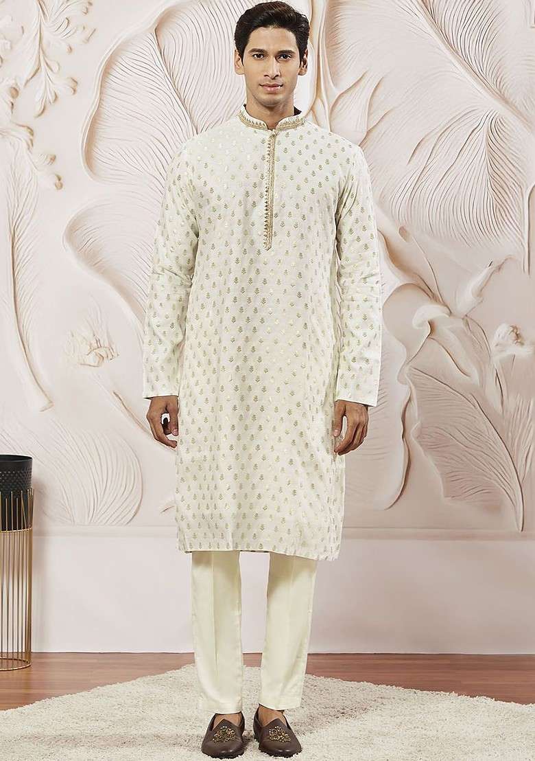 Cream Ethnic Motifs Poly Blend Kurta Set For Men - Indya