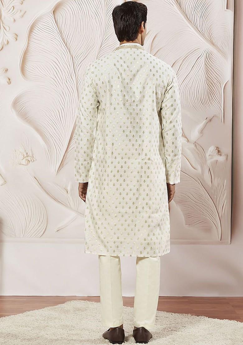 Cream Ethnic Motifs Poly Blend Kurta Set For Men