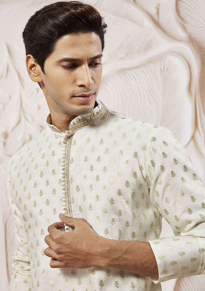 Cream Ethnic Motifs Poly Blend Kurta Set For Men - Indya