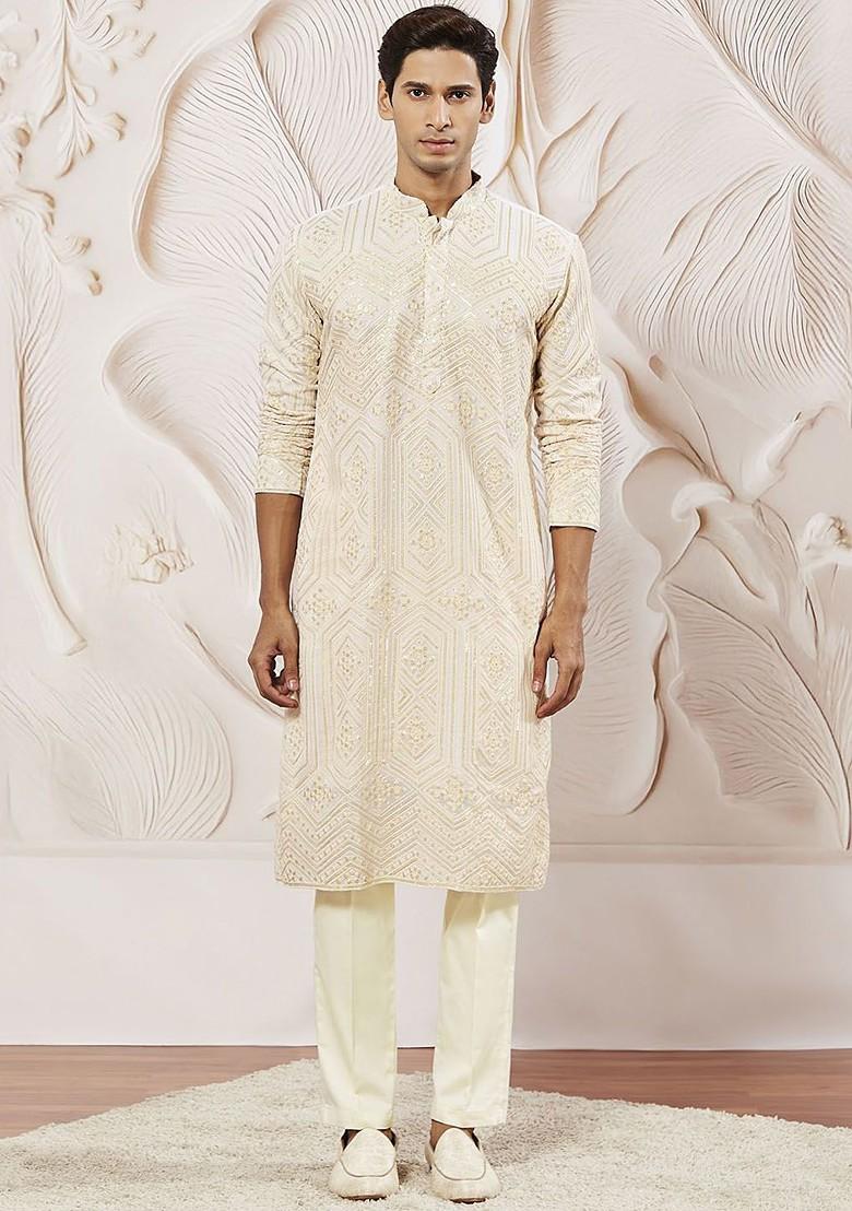 Cream Ethnic Motifs Poly Blend Kurta Set For Men