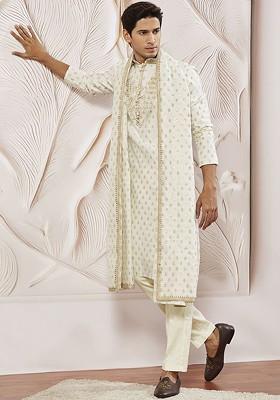 Cream Ethnic Motifs Poly Blend Kurta Set For Men