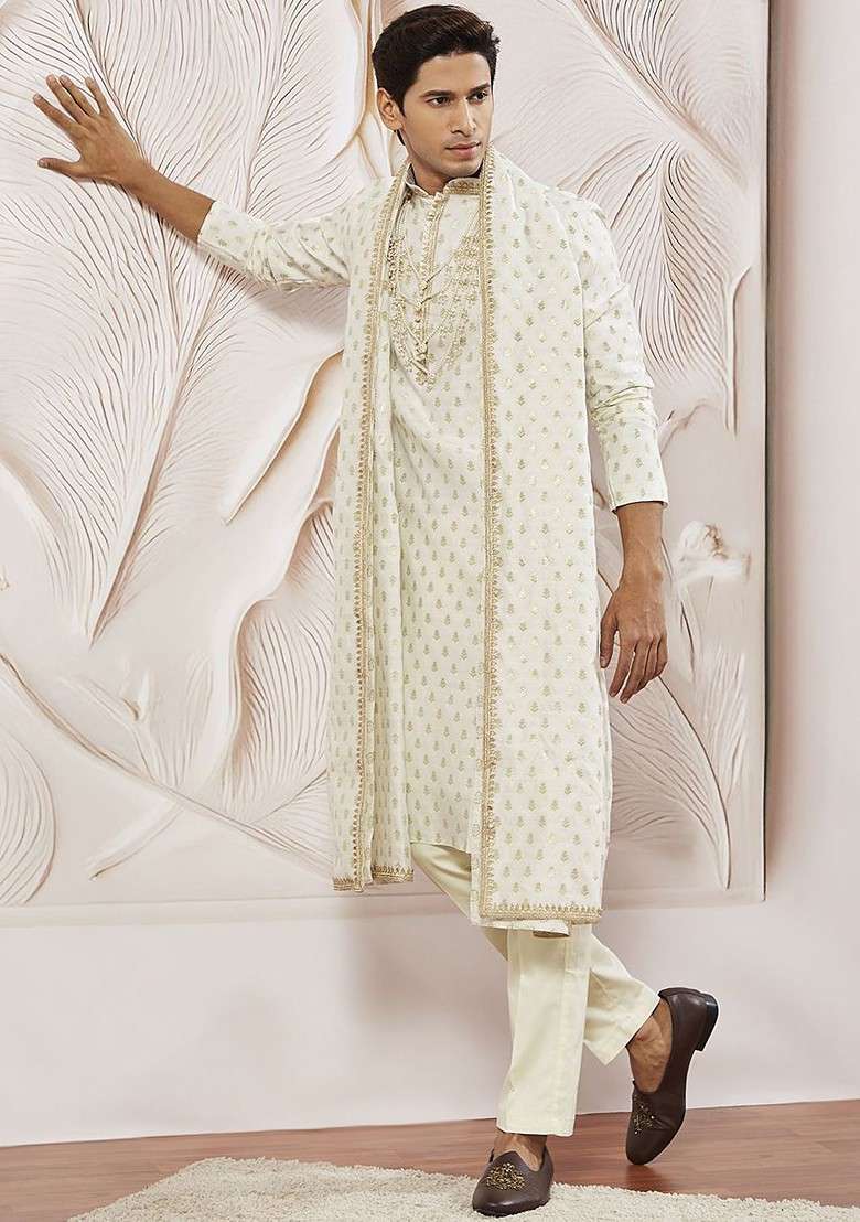 Cream Ethnic Motifs Poly Blend Kurta Set For Men - Indya