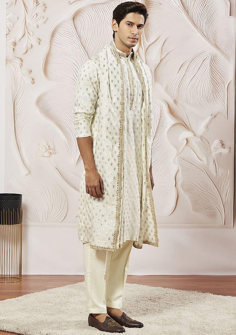 Cream Ethnic Motifs Poly Blend Kurta Set For Men