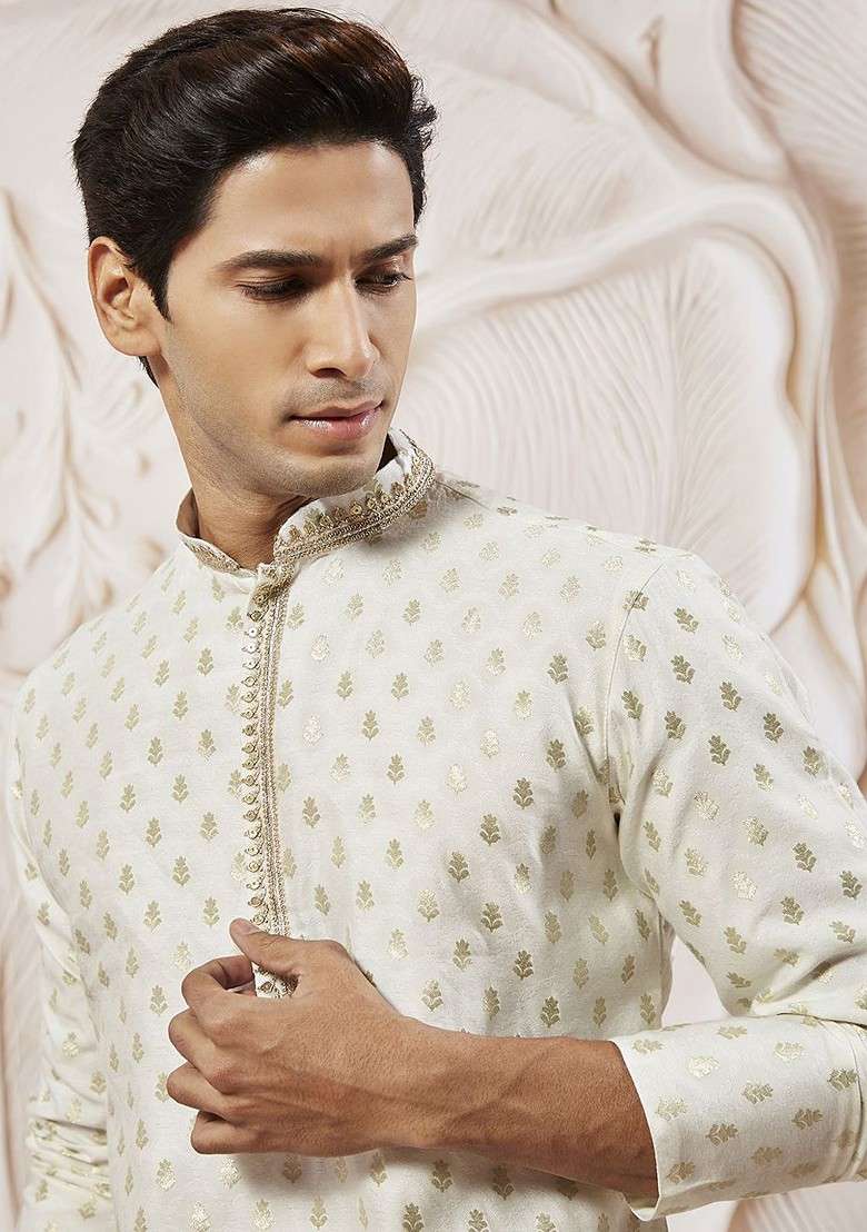 Cream Ethnic Motifs Poly Blend Kurta Set For Men - Indya