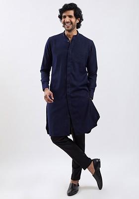 Navy Blue Solid Poly Blend Kurta Set For Men