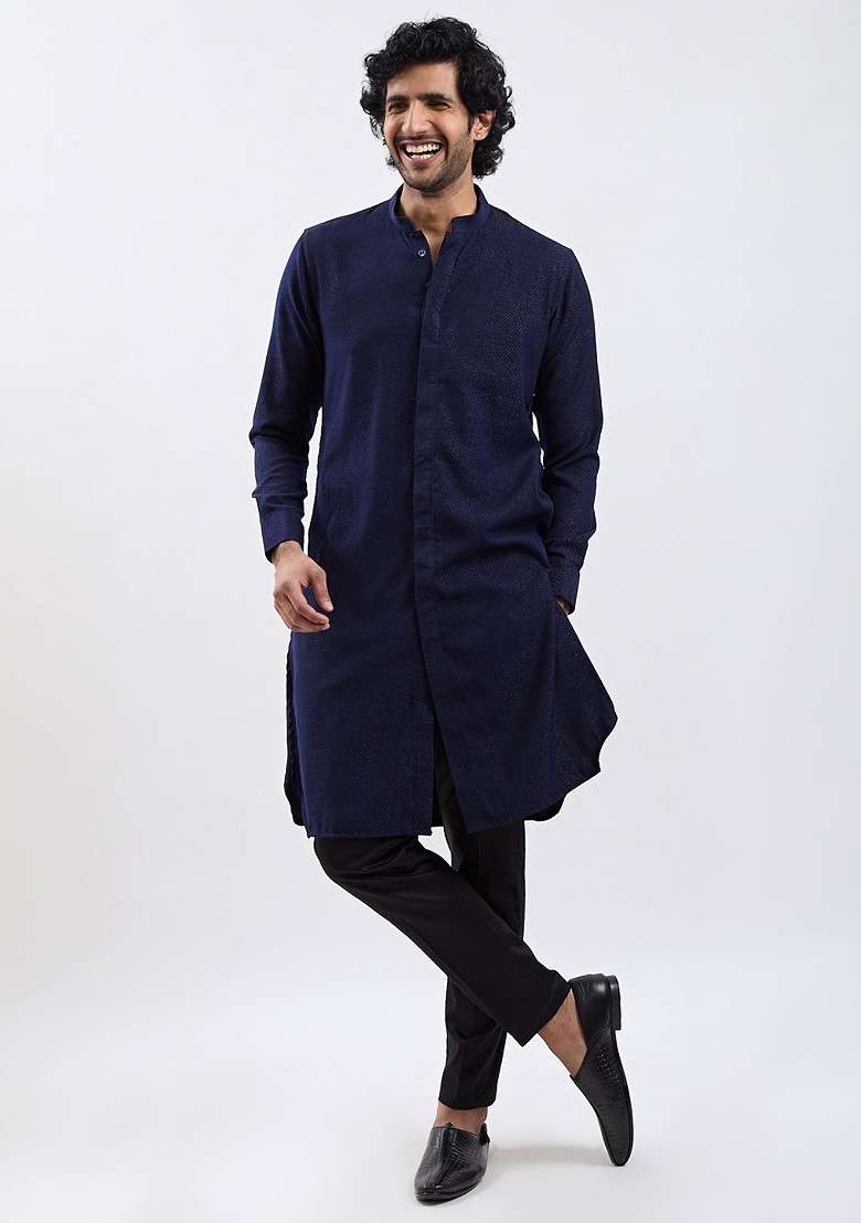 Navy Blue Solid Poly Blend Kurta Set For Men - Indya