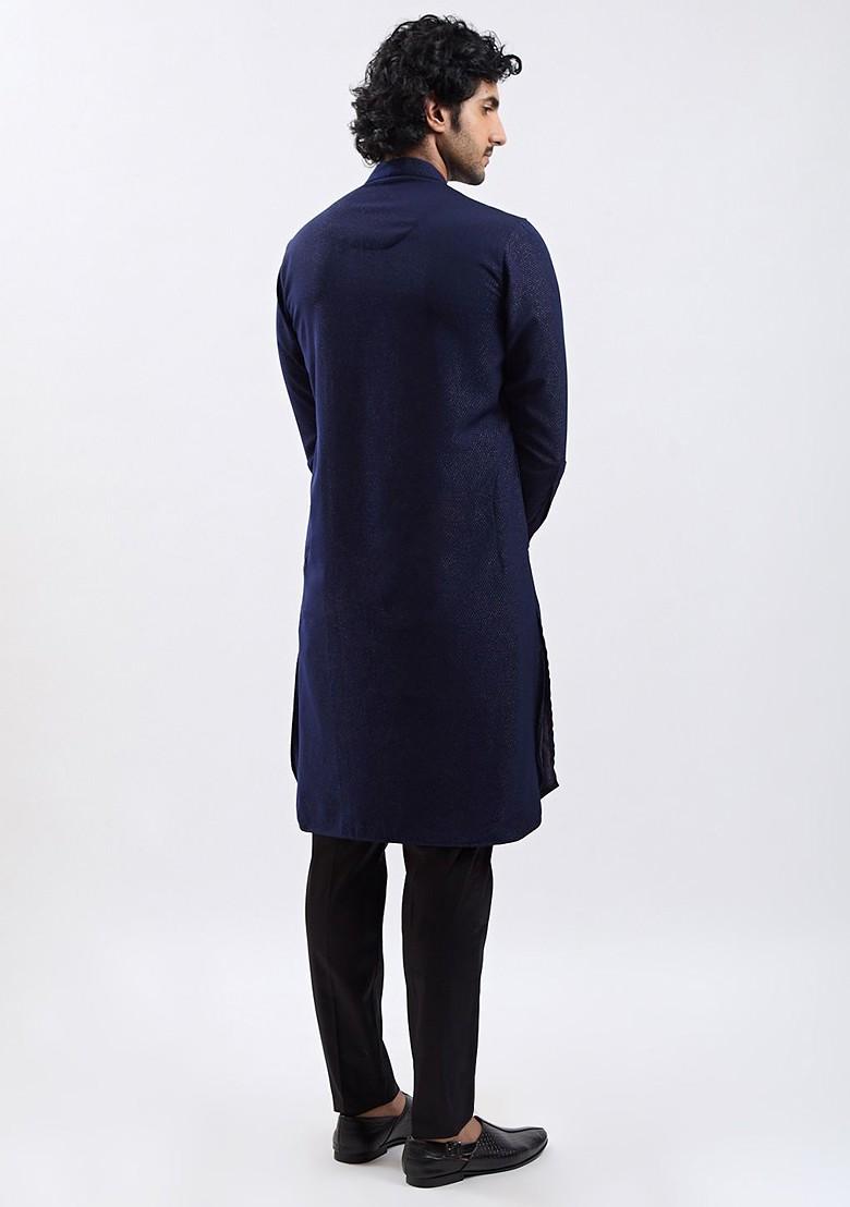 Navy Blue Solid Poly Blend Kurta Set For Men