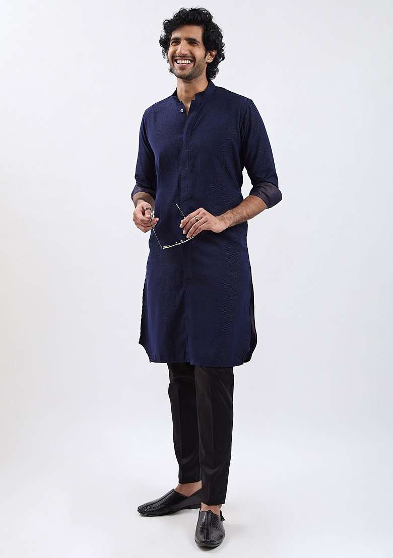 Navy Blue Solid Poly Blend Kurta Set For Men - Indya