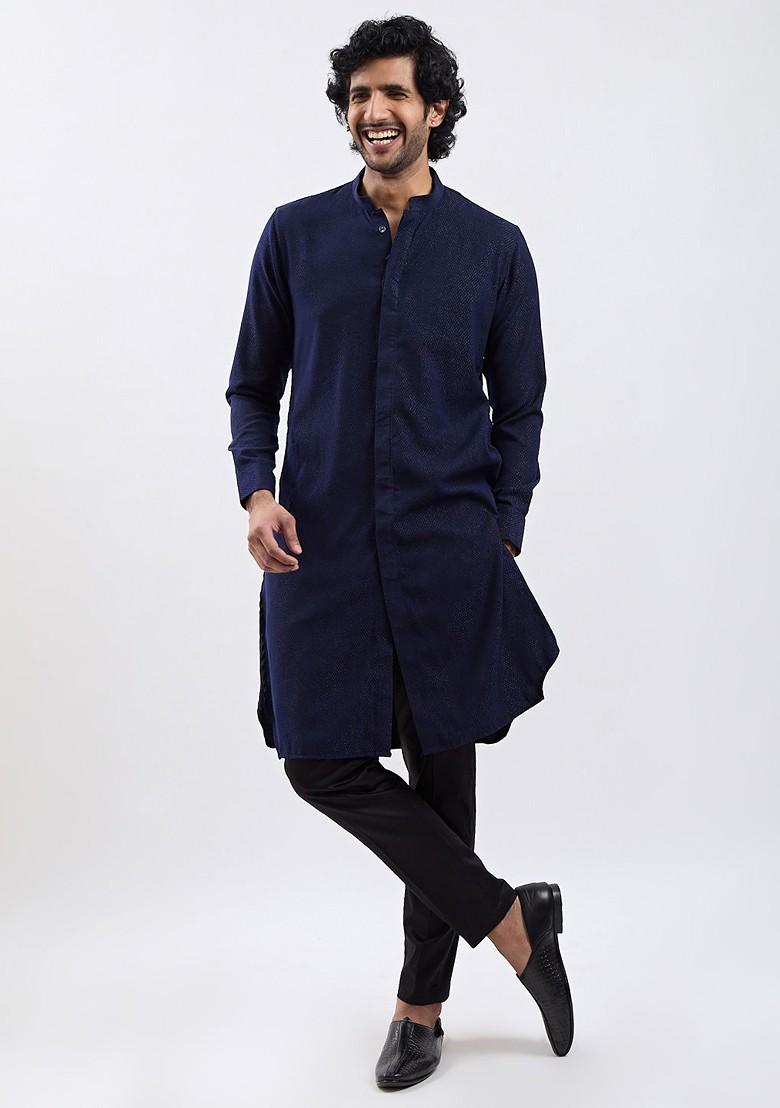Navy Blue Solid Poly Blend Kurta Set For Men